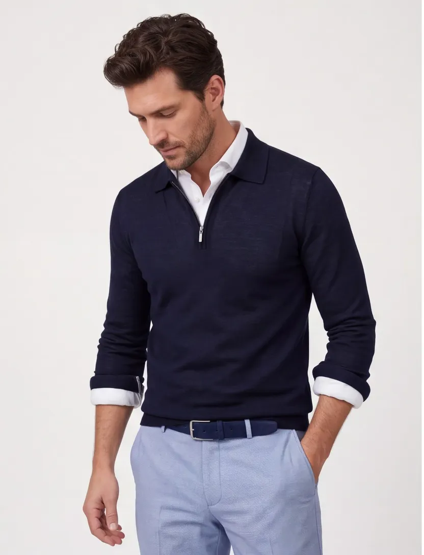 Poloshirt Cavallaro Lio navy lange mouw rits