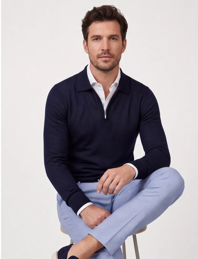 Poloshirt Cavallaro Lio navy lange mouw rits
