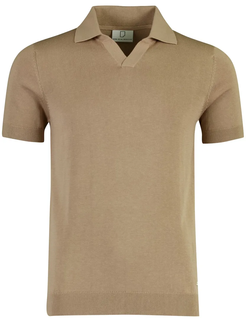 Polo v-hals Born with appetite slim fit bruin korte mouw