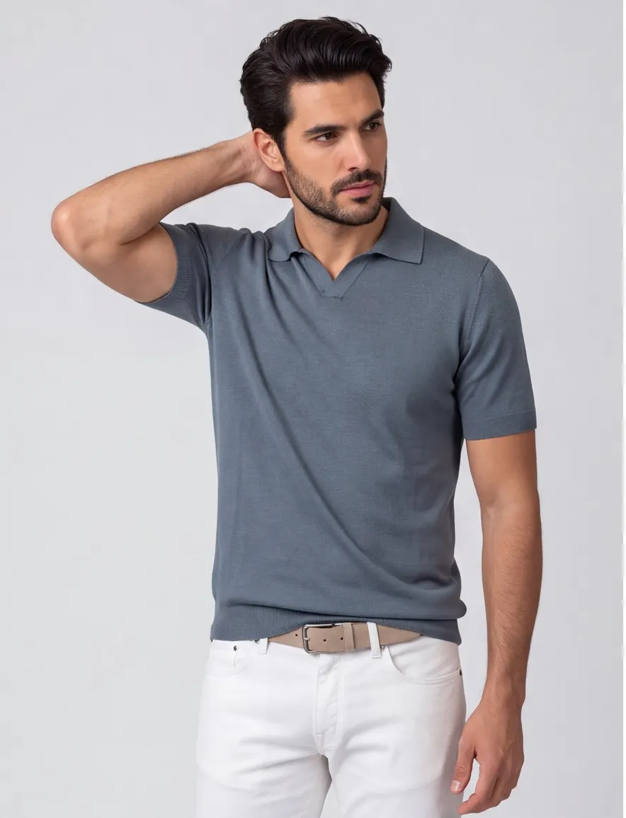 Blauw polo Born with Appetite v-hals lange mouw