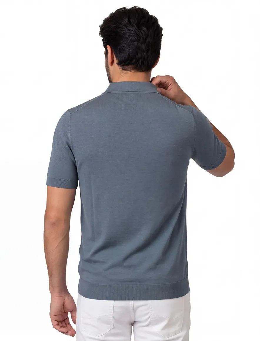 Blauw polo Born with Appetite v-hals lange mouw