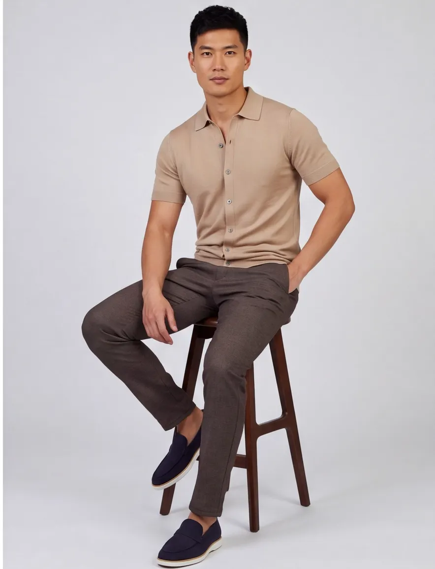 Beige doorknoop polo Born with Appetite fulton knitted
