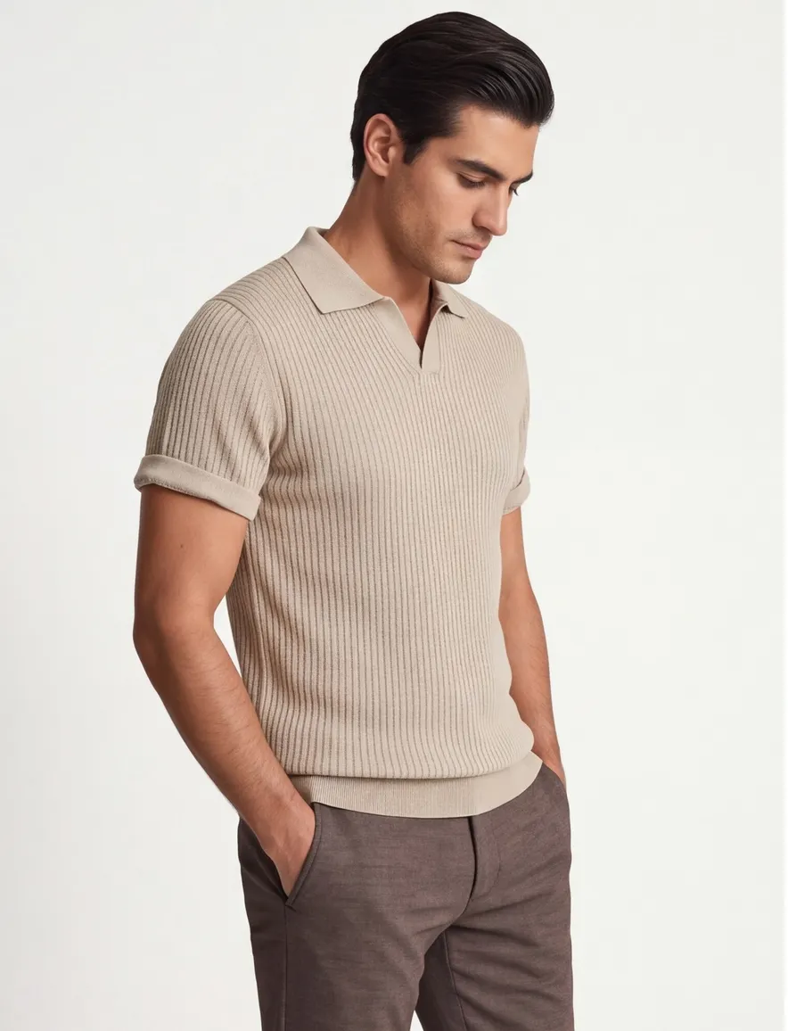 Polo beige knitted Born with Appetite Richard v-hals korte mouw