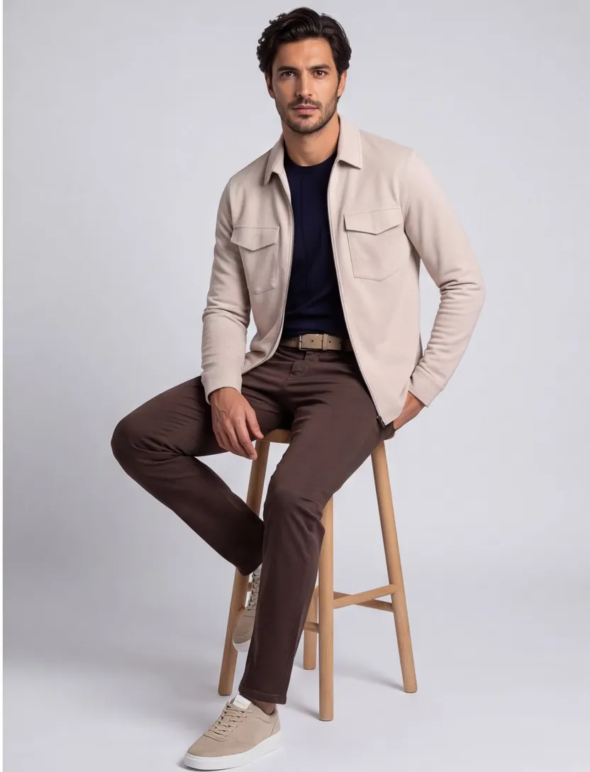 Overshirt beige geprint Born with Appetite rits normale fit