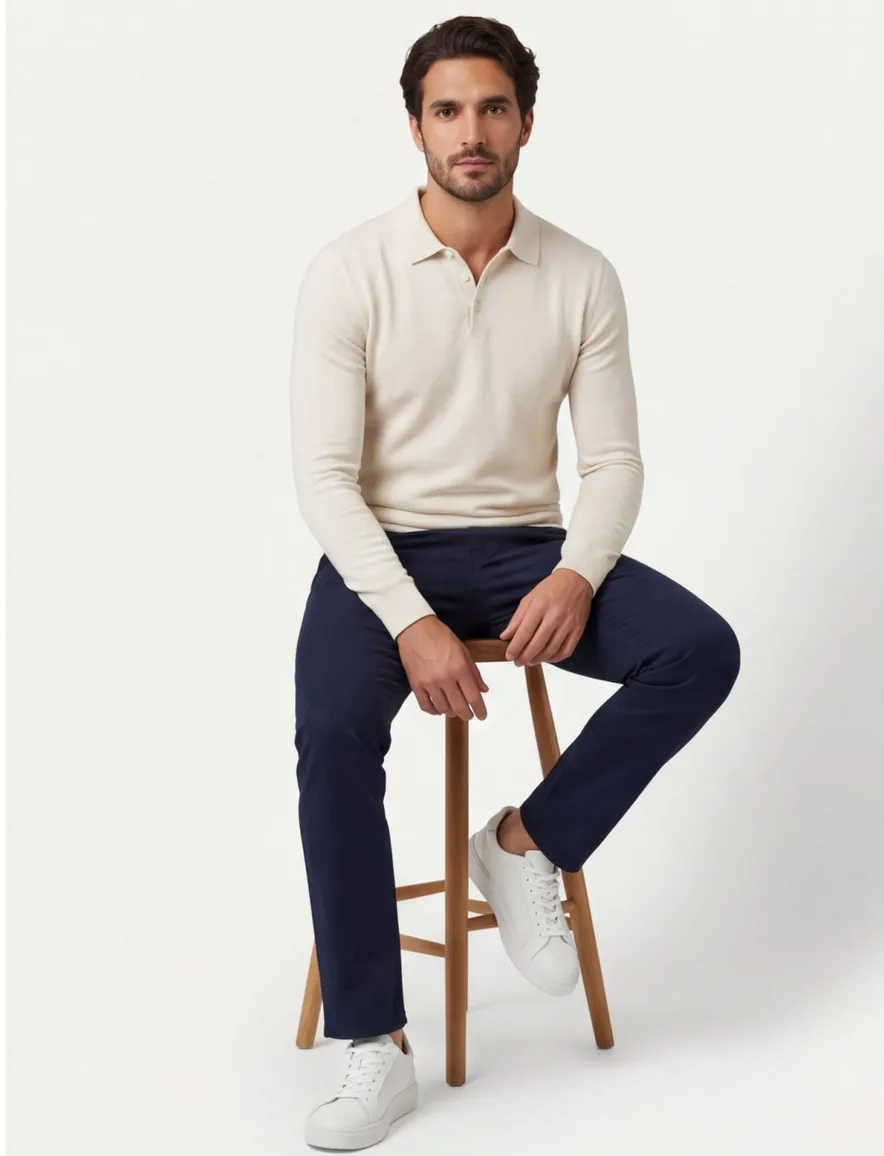 Crème polo Scotland Blue plince lange mouw