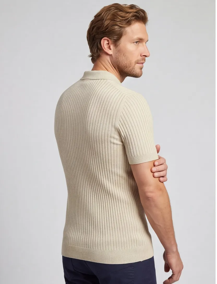 Polo Born with Appetite beige gebreid korte mouw linnen