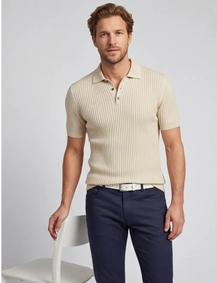 Polo Born with Appetite beige gebreid korte mouw linnen