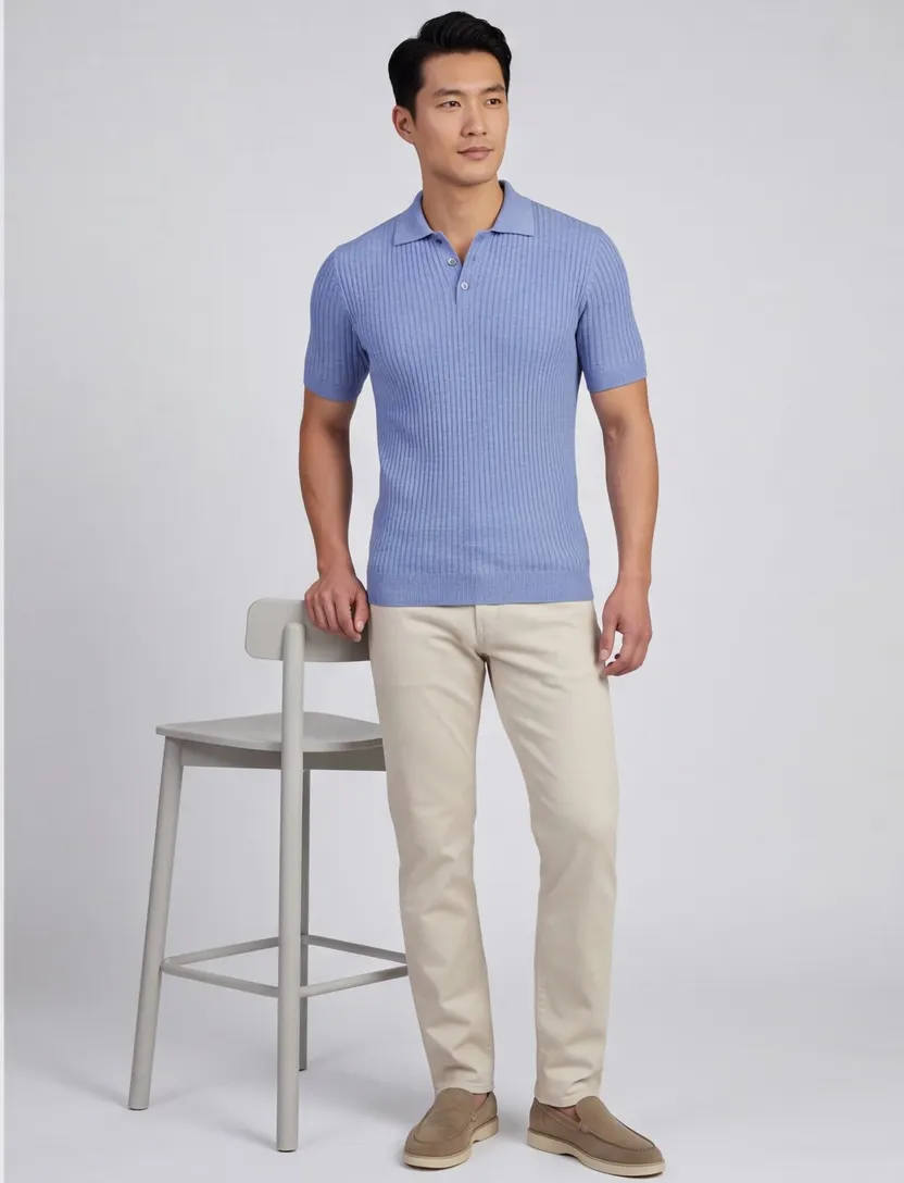 Poloshirt Born with Appetite blauw gebreid linnen