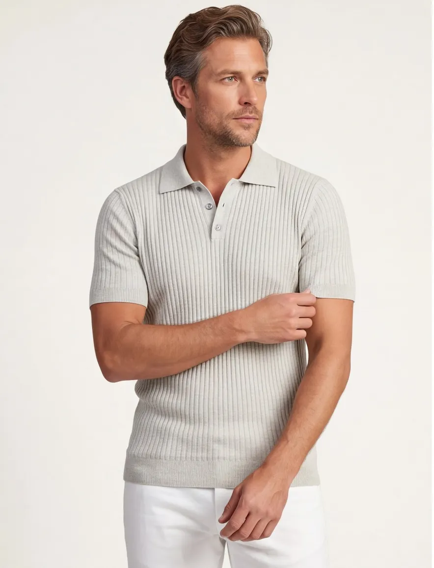Korte mouw polo Born with Appetite grijs 3 knoops gebreid linnen
