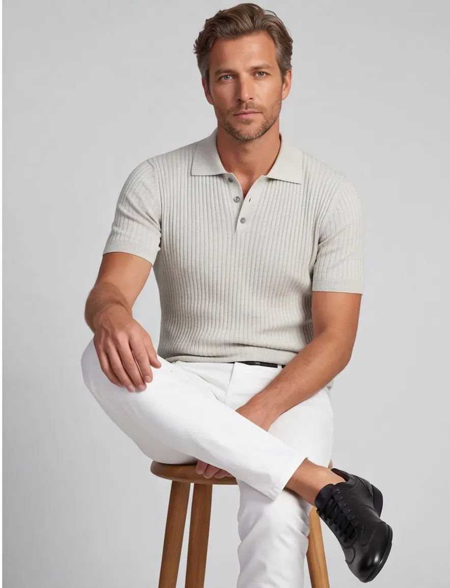 Korte mouw polo Born with Appetite grijs 3 knoops gebreid linnen