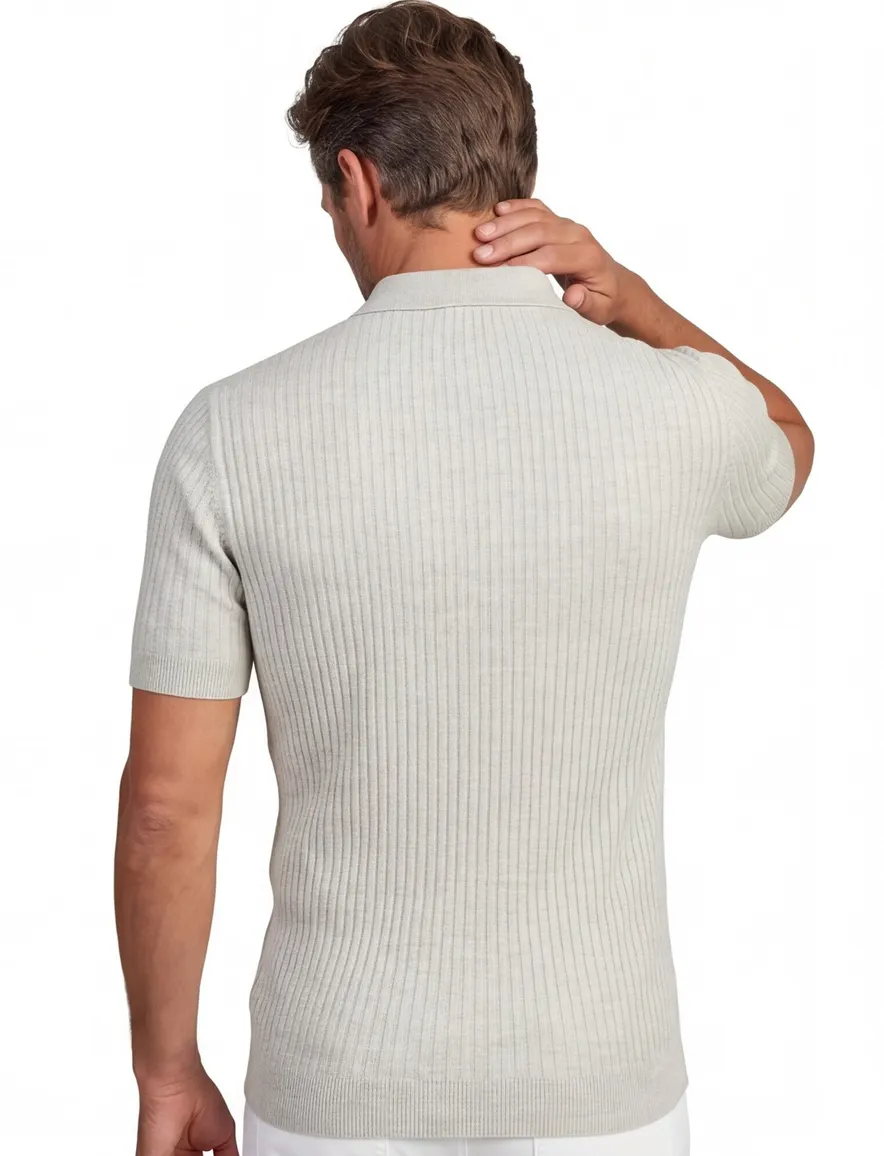 Korte mouw polo Born with Appetite grijs 3 knoops gebreid linnen