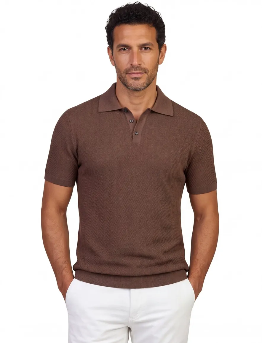 Bruine polo Scotland Blue kaene knitted korte mouw