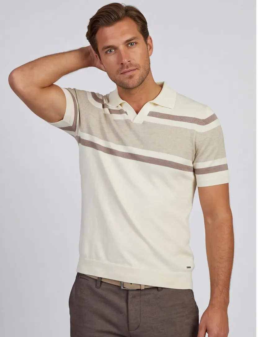 Beige gestreepte polo Scotland Blue Avan knitted v-hals