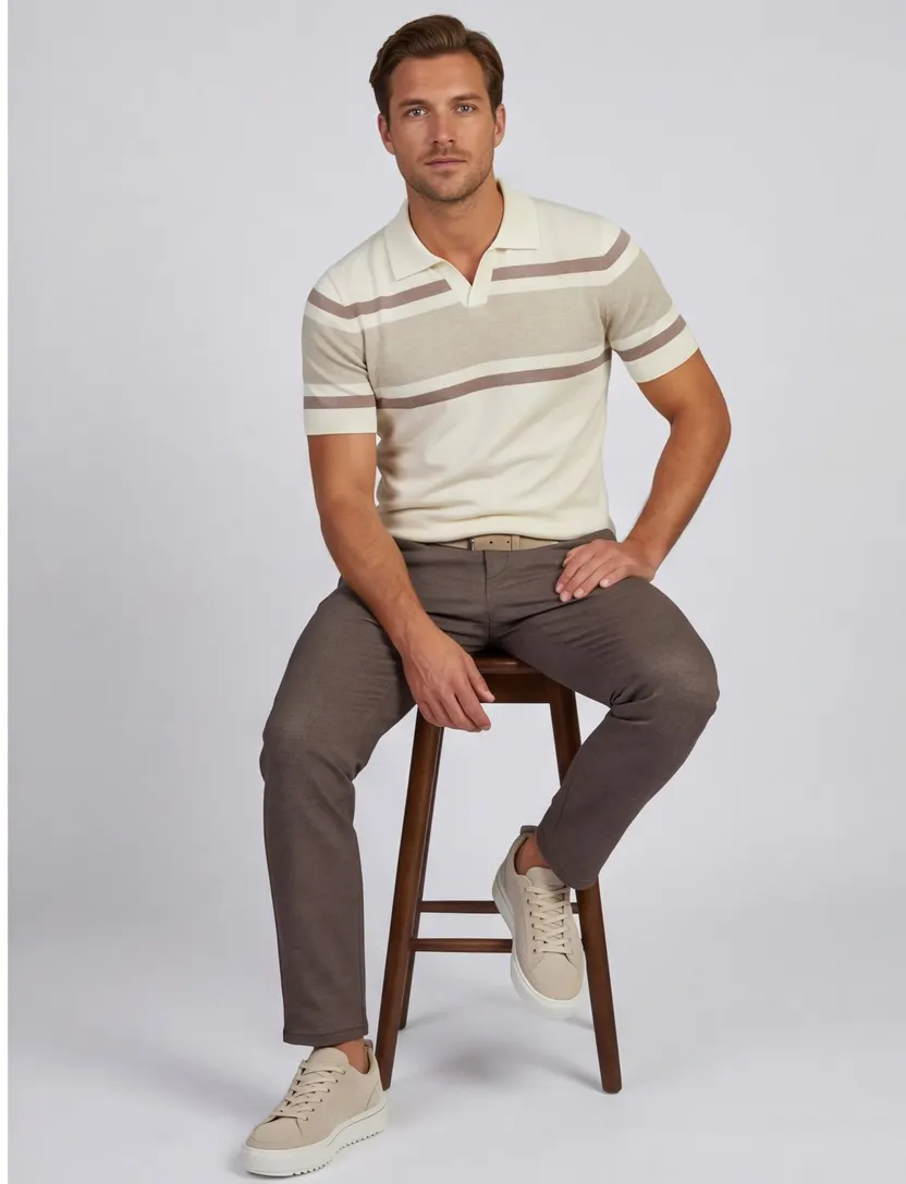 Beige gestreepte polo Scotland Blue Avan knitted v-hals