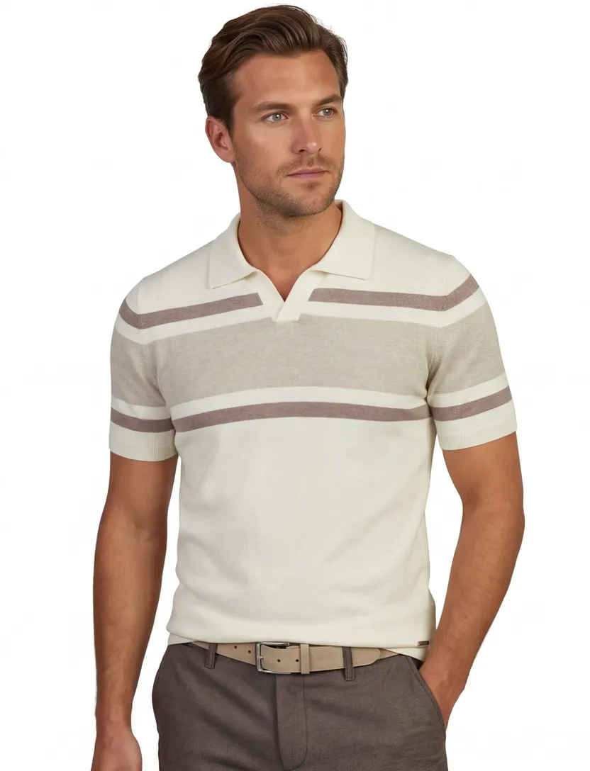 Beige gestreepte polo Scotland Blue Avan knitted v-hals
