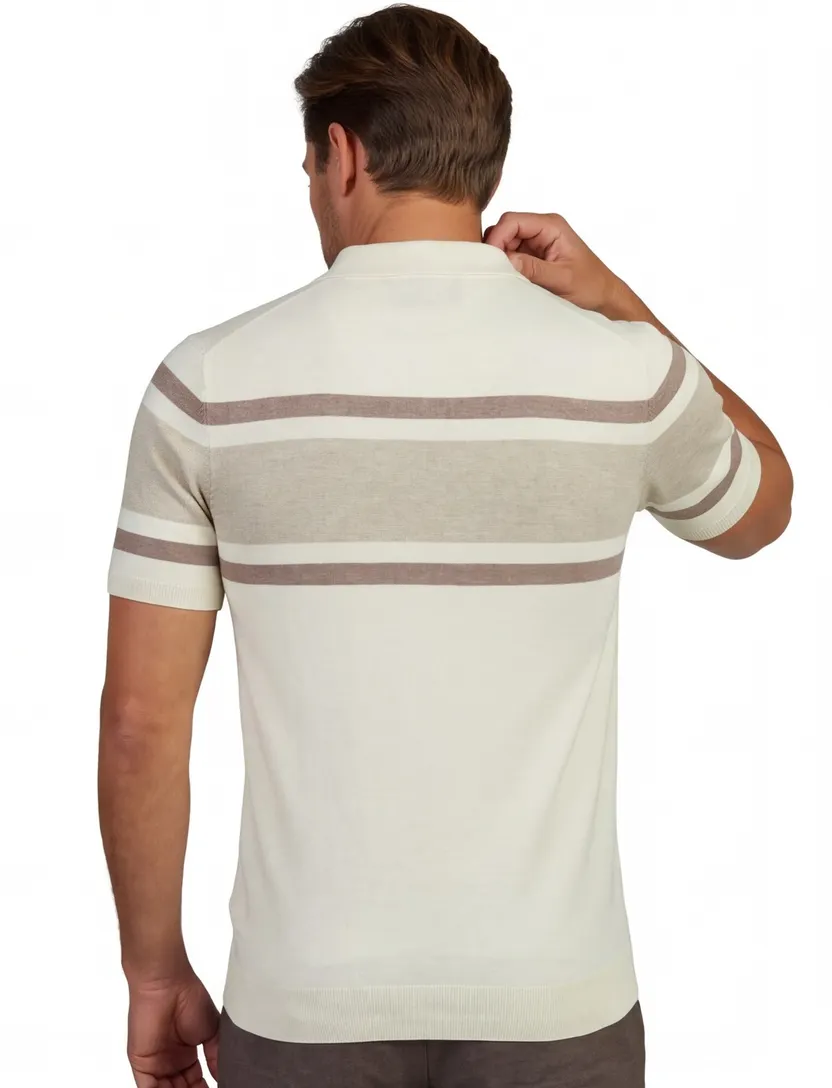 Beige gestreepte polo Scotland Blue Avan knitted v-hals