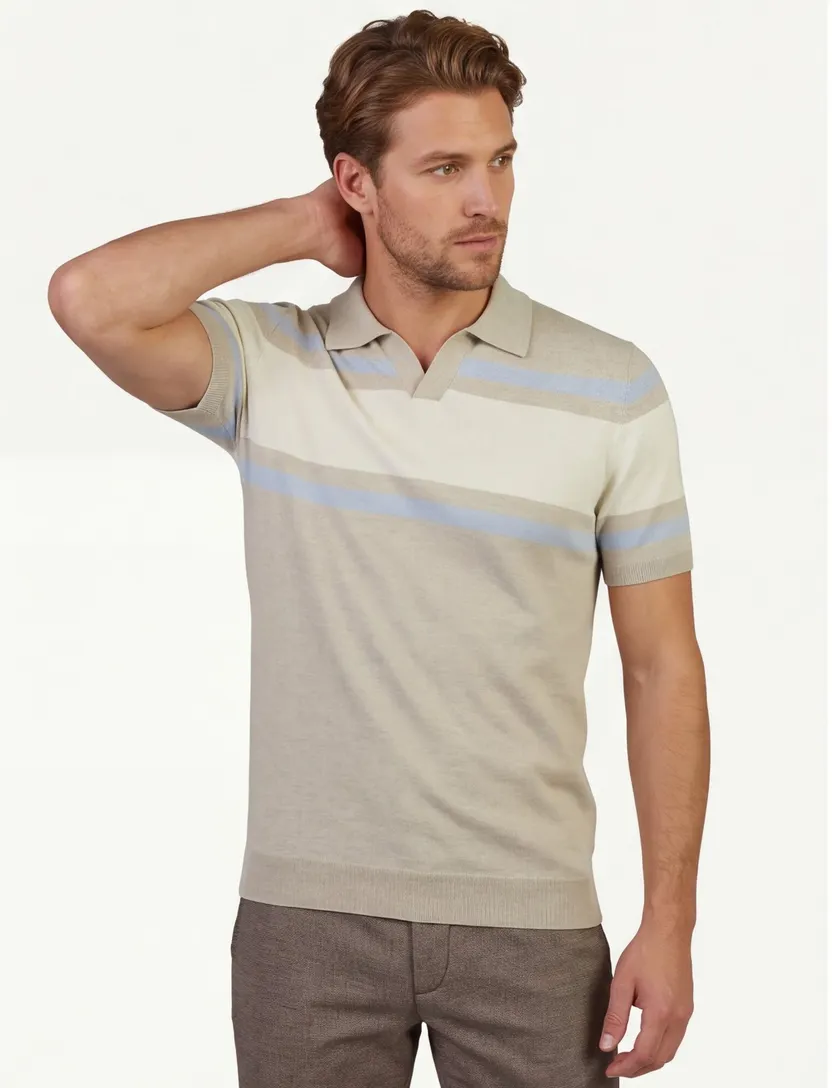 Beige polo Scotland Blue Avan knitted gestreept