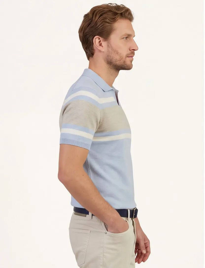 Lichtblauwe polo Scotland Blue Avan knitted v-hals