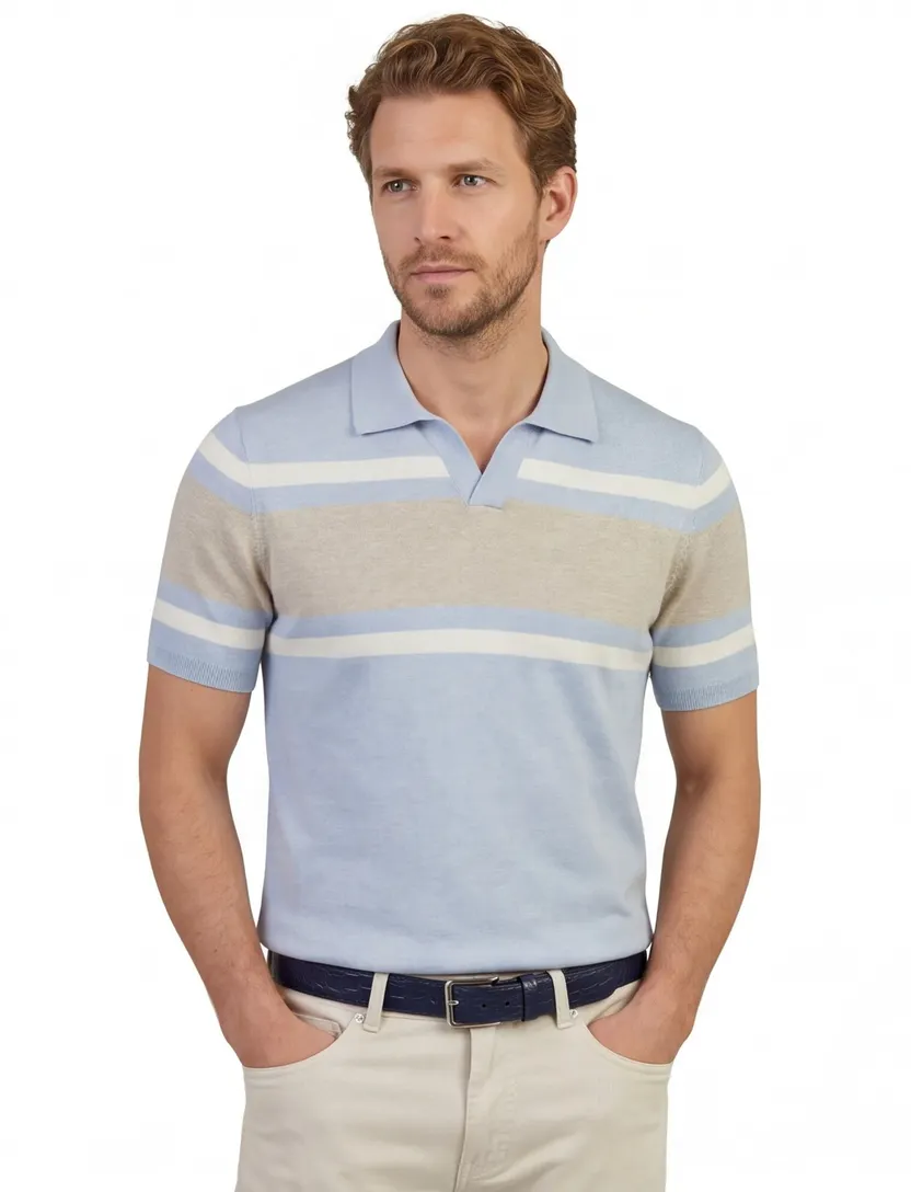 Lichtblauwe polo Scotland Blue Avan knitted v-hals