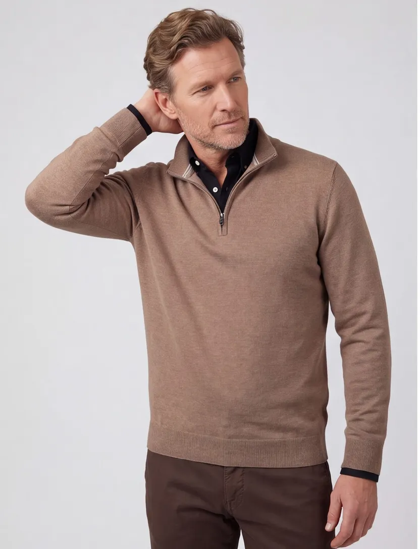 trui Scotland Blue beige half zip normale fit 100% katoen