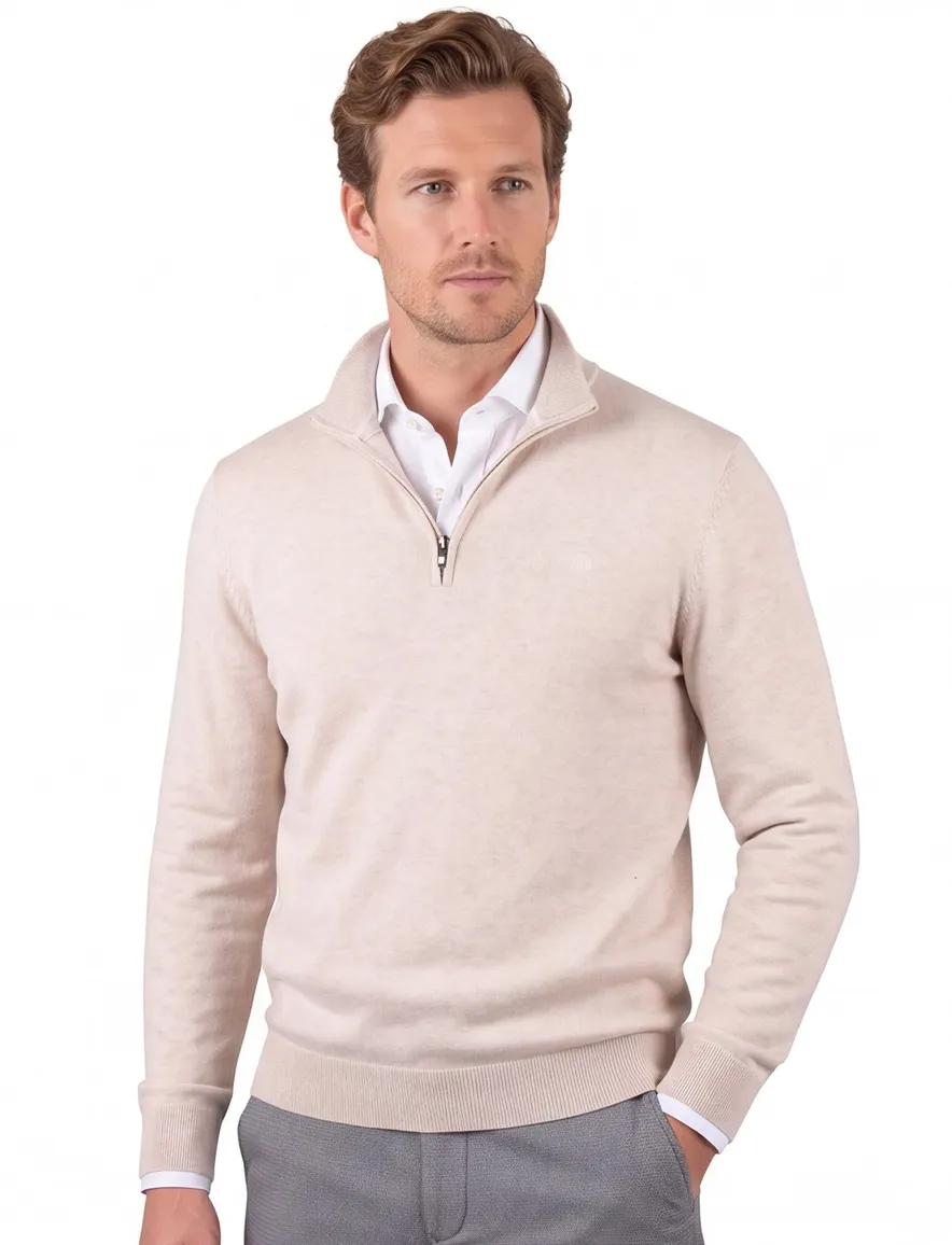 beige trui Scotland blue half zip 100% katoen