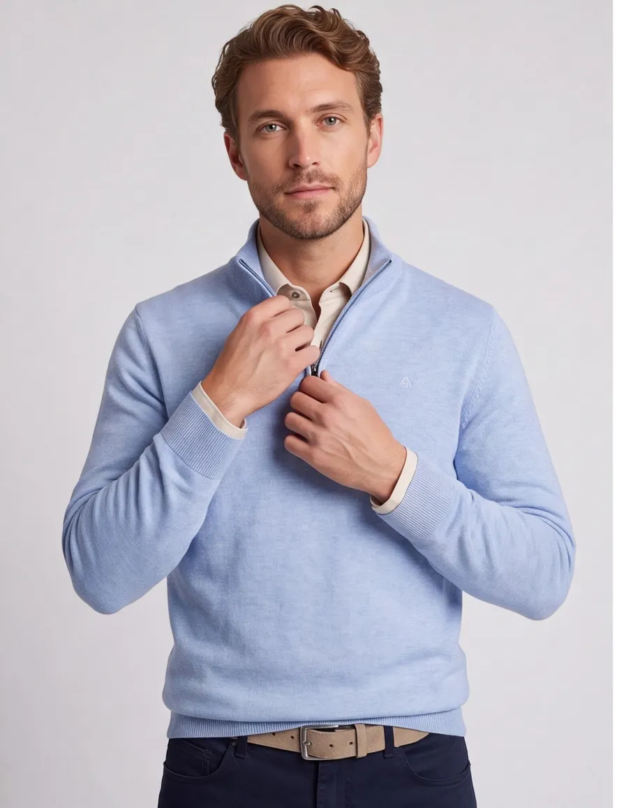 lichtblauwe trui Scotland Blue half zip normale fit