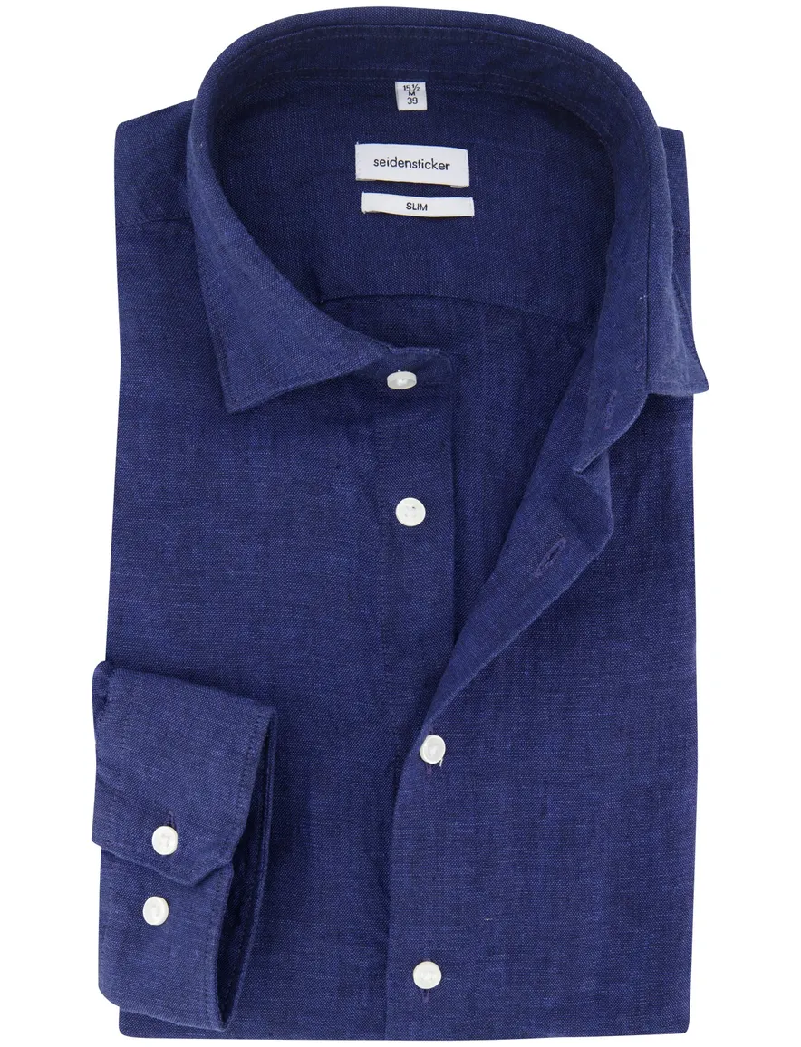 Seidensticker Slim fit overhemd donkerblauw linnen