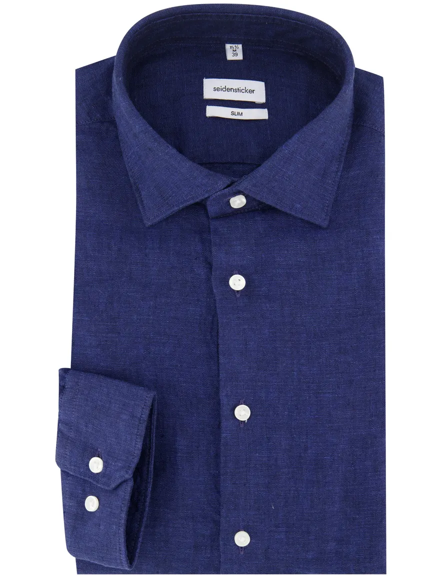 Seidensticker Slim fit overhemd donkerblauw linnen