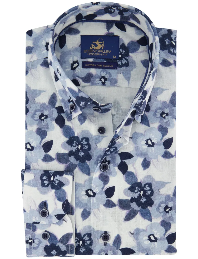 Donkerblauw overhemd bloem print Eden Valley button-down collar