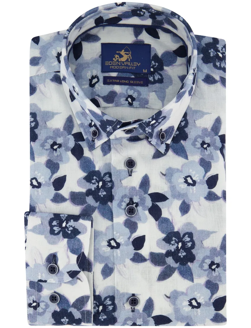 Donkerblauw overhemd bloem print Eden Valley button-down collar
