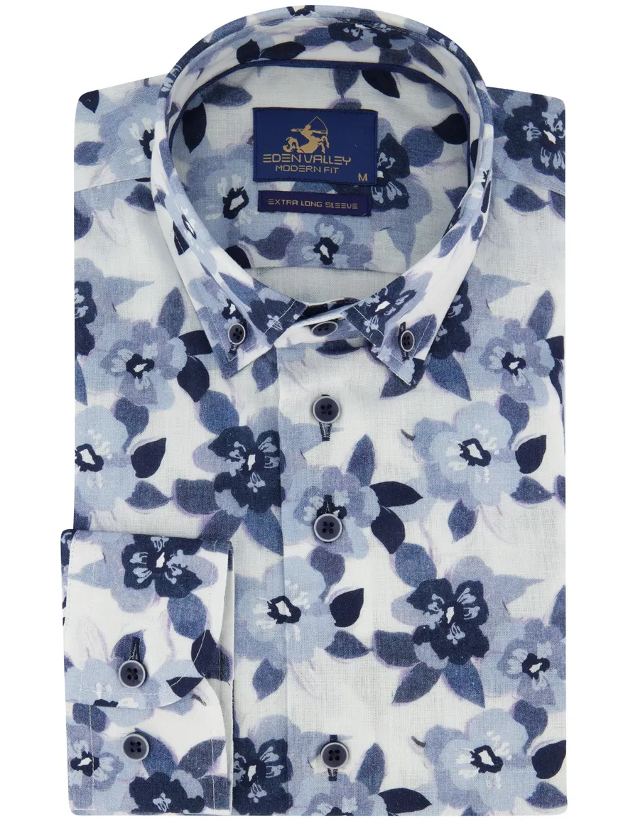 Overhemd donkerblauw bloemen print Eden Valley mouwlengte 7