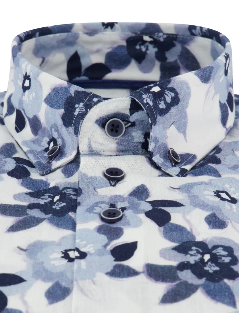Donkerblauw overhemd bloem print Eden Valley button-down collar