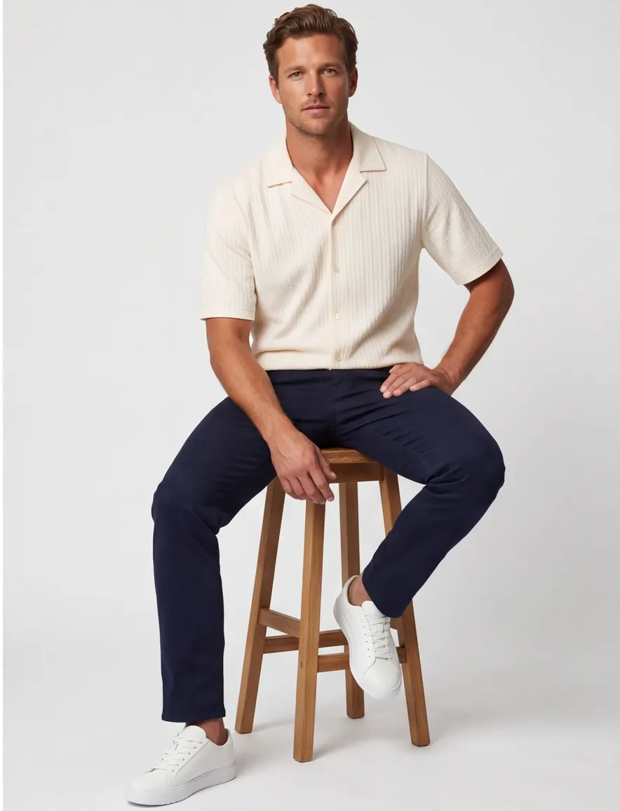 Doorknoop poloshirt Supply & Co creme structuur strepen