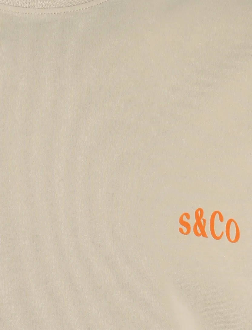 Beige T-shirt Supply & Co met oranje sunday running backprint