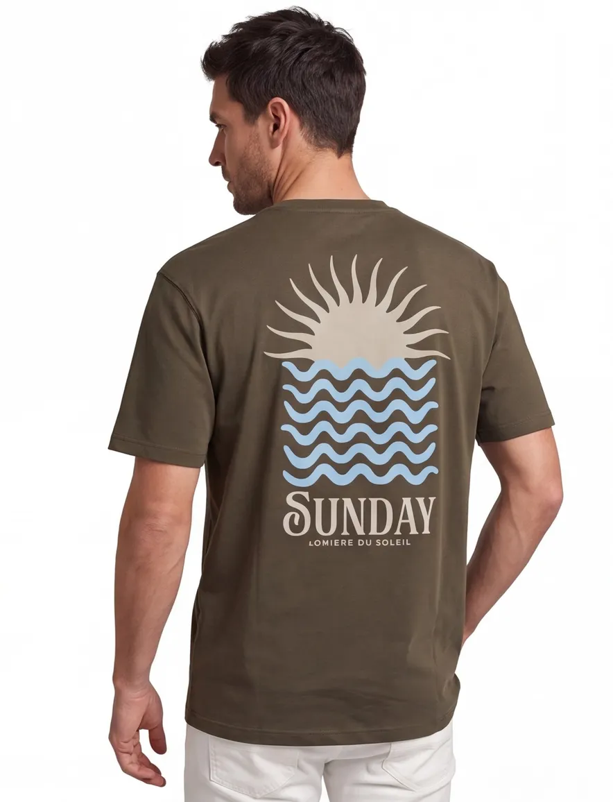 Bruin T-shirt Supply & Co met backprint zon blauw golven
