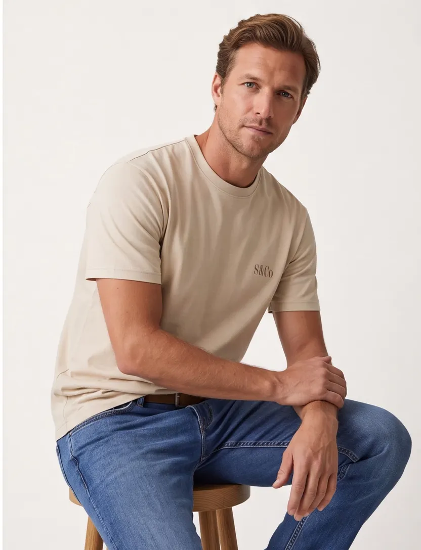T-shirt Supply & Co beige backprint vakjes met bloemen