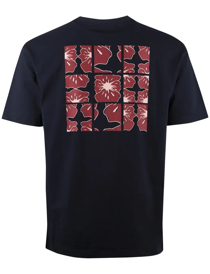 T-shirt Supply & Co donkerblauw backprint bloemen vakjes