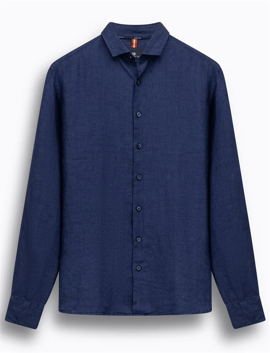 State of Art overhemd donkerblauw linnen semi wide spread