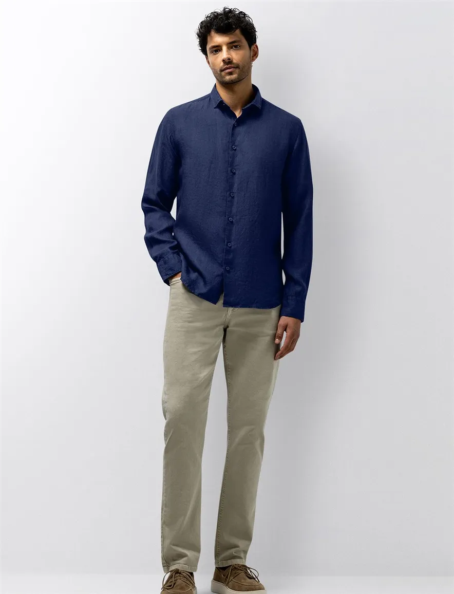 State of Art overhemd donkerblauw linnen semi wide spread
