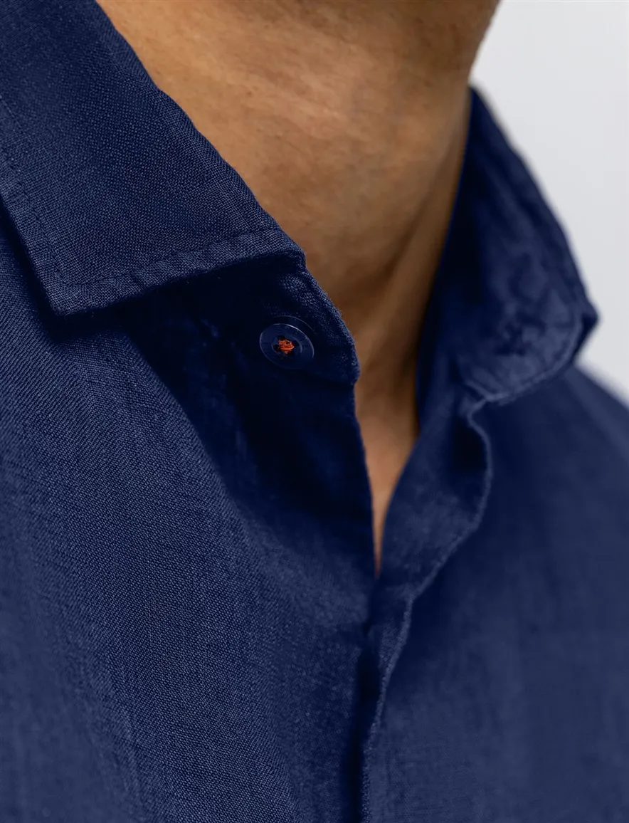 State of Art overhemd donkerblauw linnen semi wide spread