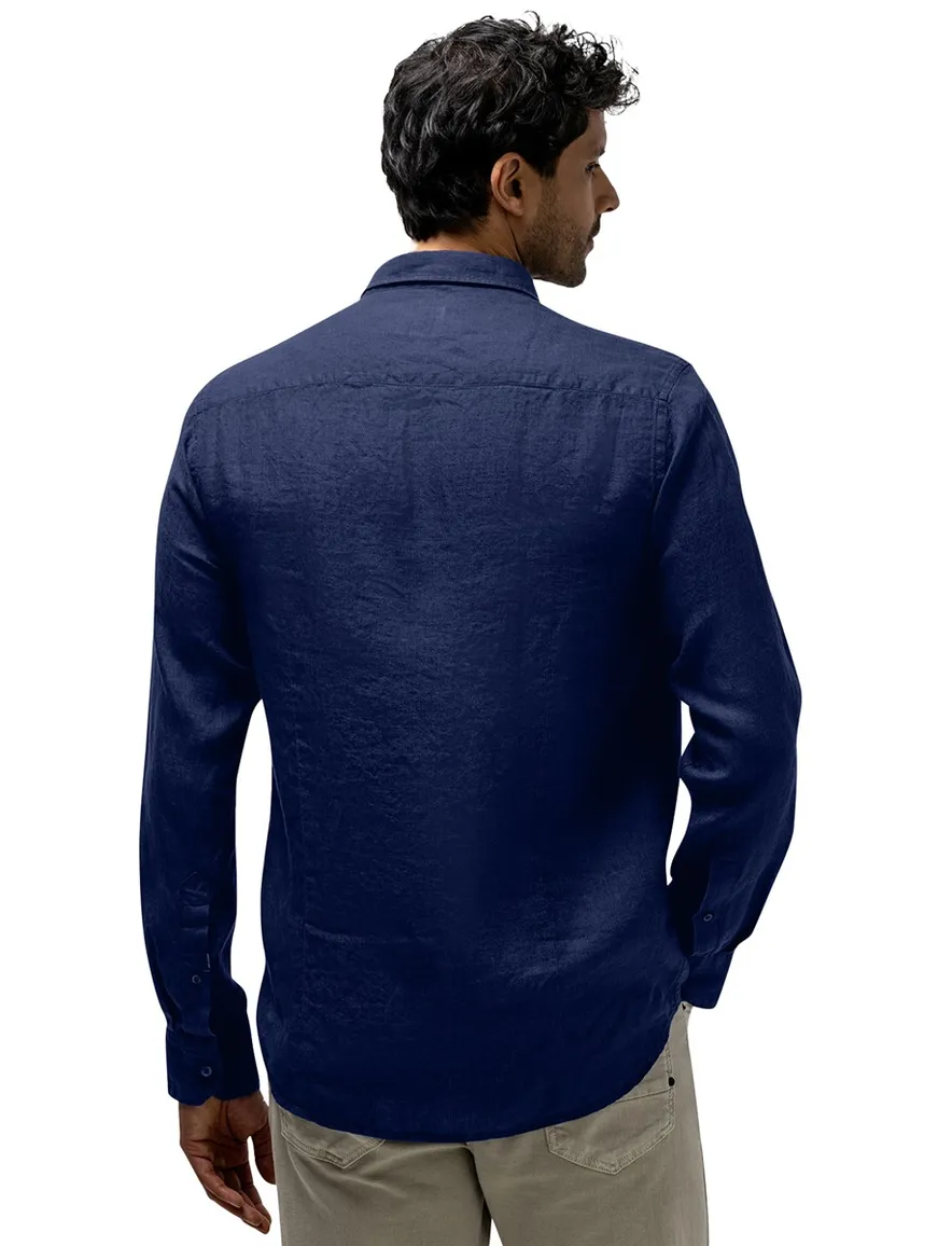State of Art overhemd donkerblauw linnen semi wide spread