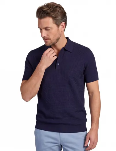 Cavallaro Cavallaro gebreide polo blokjes korte mouw donkerblauw