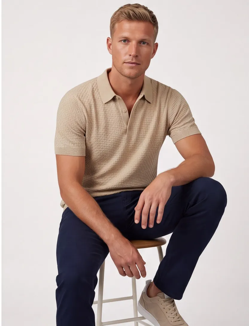 Beige polo Cavallaro blokjes korte mouwen