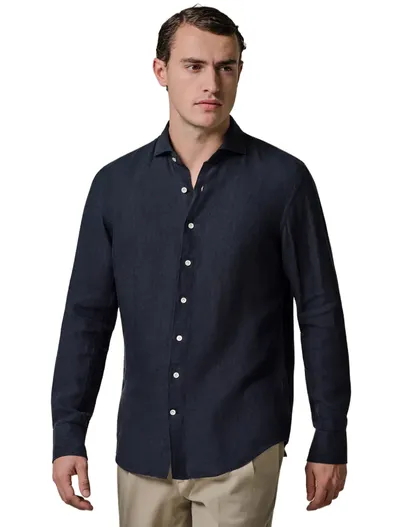 Profuomo Donkerblauw overhemd Profuomo Regular Fit linnen