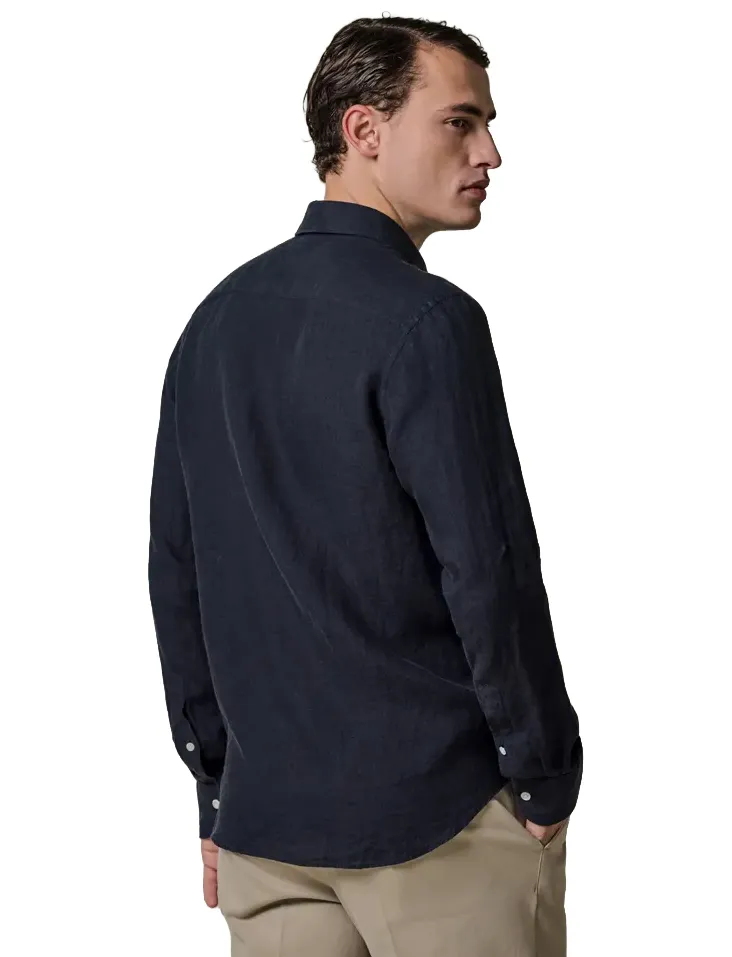 Profuomo Regular Fit overhemd donkerblauw linnen