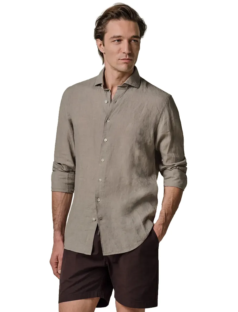 Beige overhemd Profuomo Regular Fit linnen