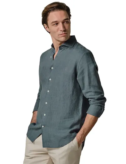 Profuomo Blauw overhemd Profuomo Regular Fit linnen