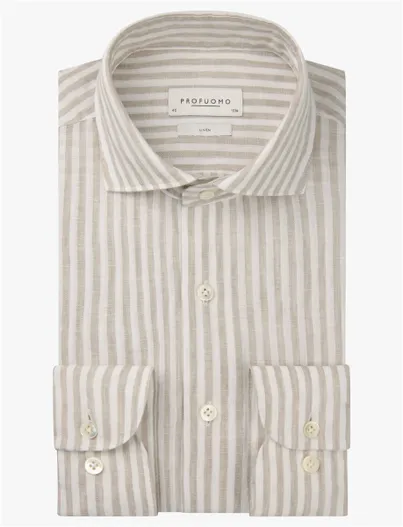 Profuomo Beige gestreept overhemd Profuomo Regular Fit linnen