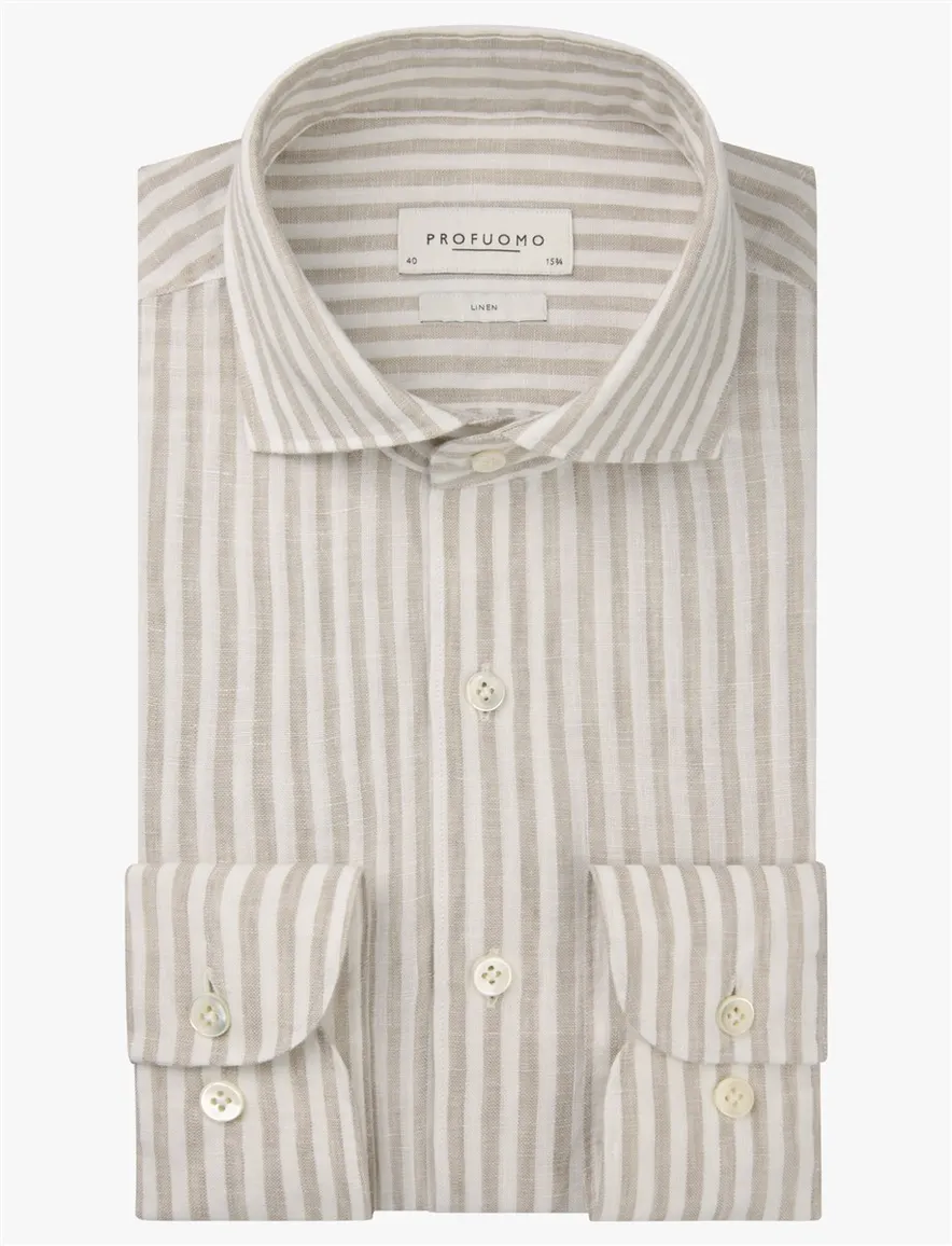 Profuomo overhemd beige wit gestreept linnen
