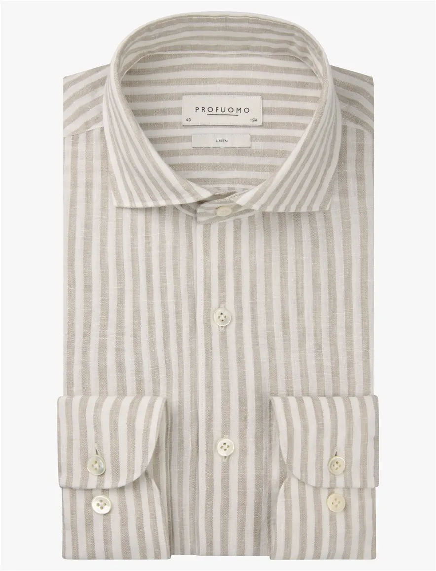 Profuomo Regular Fit overhemd beige wit linnen gestreept